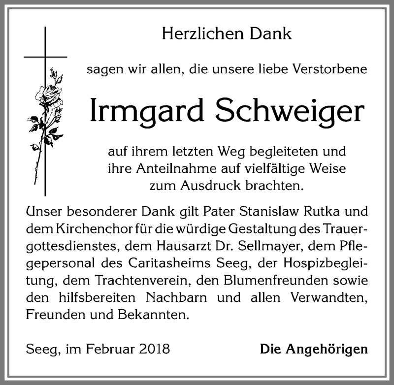 Traueranzeige von Irmgard Schweiger von Allgäuer Zeitung, Füssen