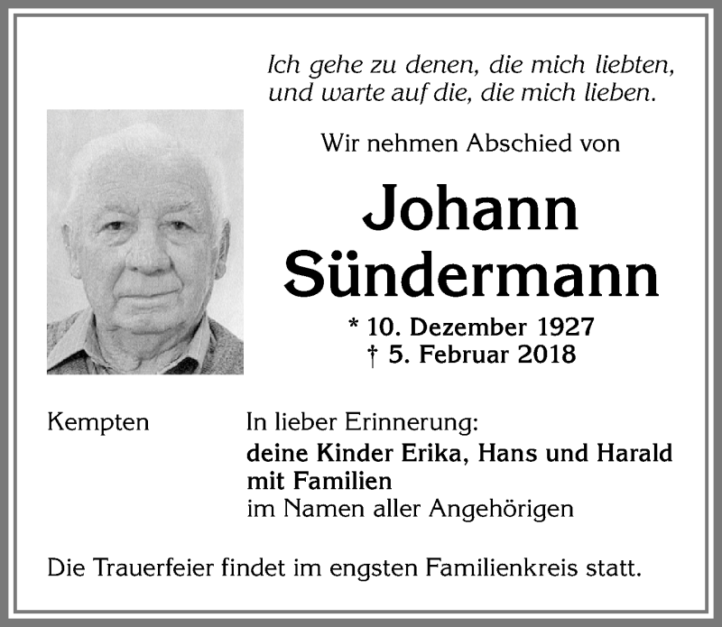 Traueranzeige von Johann Sündermann von Allgäuer Zeitung,Kempten