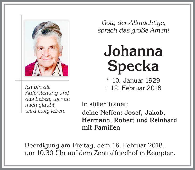 Traueranzeige von Johanna Specka von Allgäuer Zeitung,Kempten