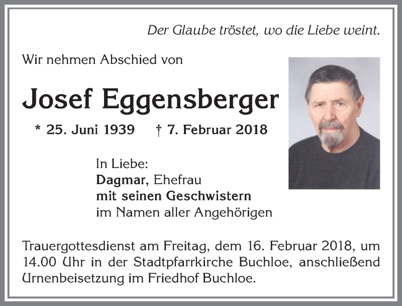 Traueranzeige von Josef Eggensberger von Allgäuer Zeitung, Kaufbeuren/Buchloe