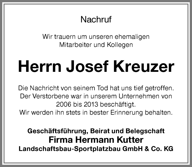 Traueranzeige von Josef Kreuzer von Memminger Zeitung