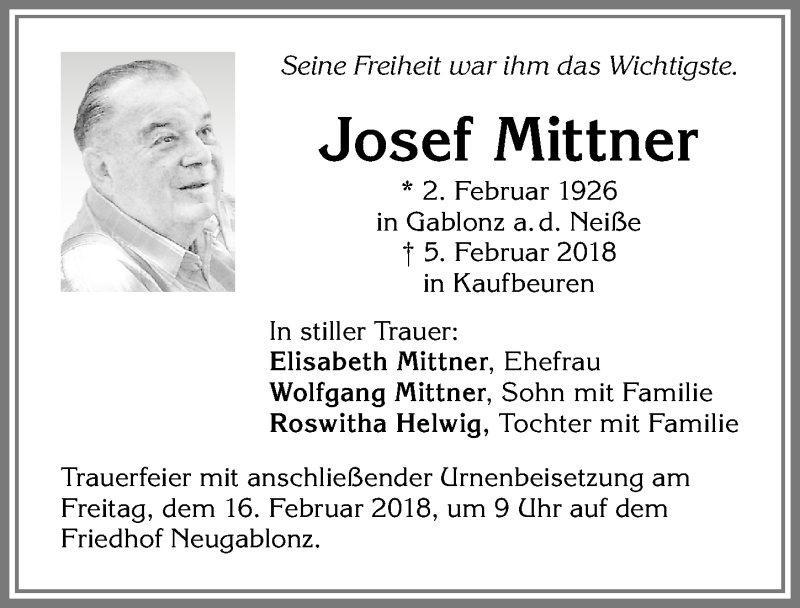 Traueranzeige von Josef Mittner von Allgäuer Zeitung, Kaufbeuren/Buchloe