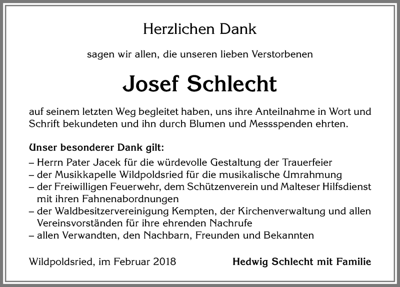 Traueranzeige von Josef Schlecht von Allgäuer Zeitung,Kempten