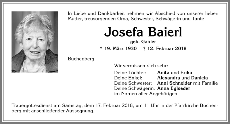 Traueranzeige von Josefa Baierl von Allgäuer Zeitung,Kempten