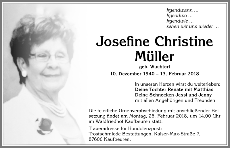 Traueranzeige von Josefine Christine Müller von Allgäuer Zeitung