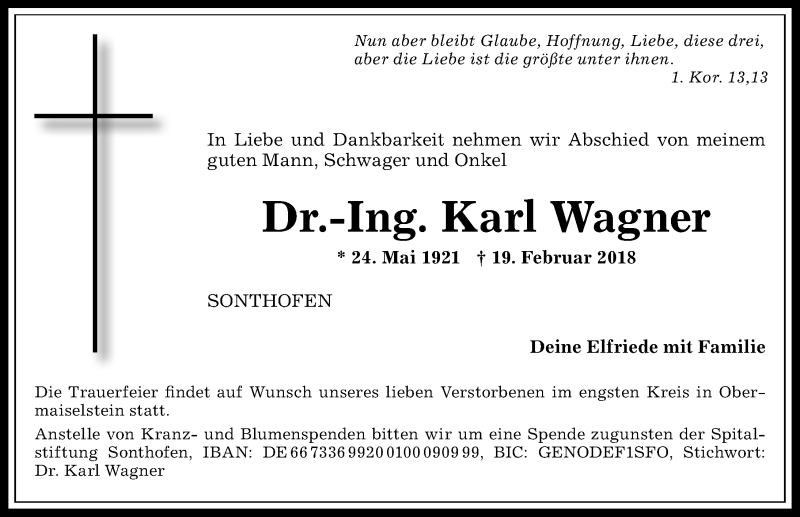 Traueranzeige von Karl Wagner von Allgäuer Anzeigeblatt