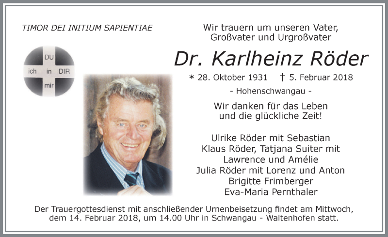 Traueranzeige von Karlheinz Röder von Allgäuer Zeitung, Füssen