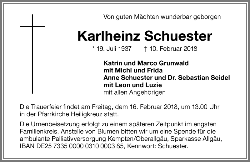 Traueranzeige von Karlheinz Schuester von Allgäuer Zeitung,Kempten