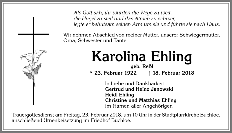 Traueranzeige von Karolina Ehling von Allgäuer Zeitung, Kaufbeuren/Buchloe