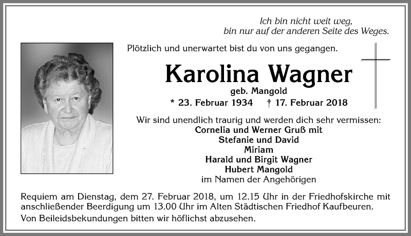 Traueranzeige von Karolina Wagner von Allgäuer Zeitung, Kaufbeuren/Buchloe