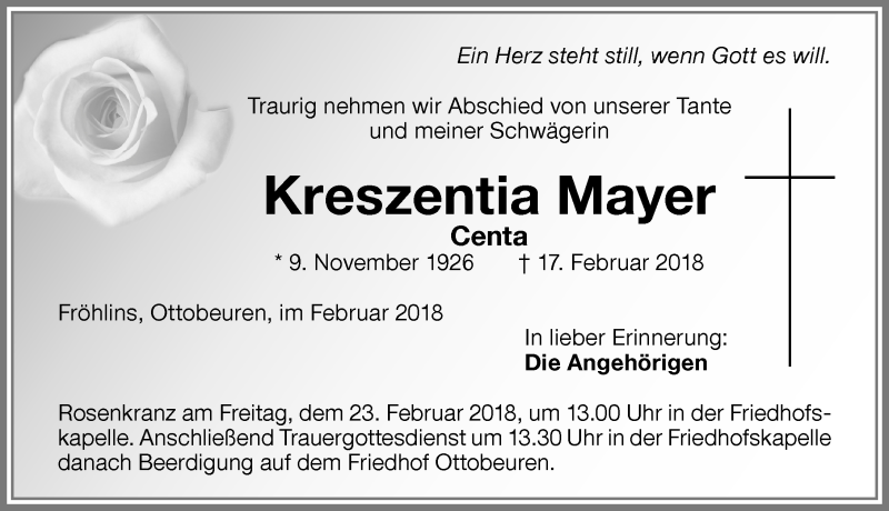 Traueranzeige von Kreszentia Mayer von Memminger Zeitung