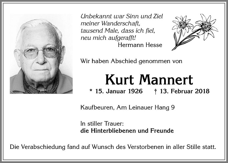 Traueranzeige von Kurt Mannert von Allgäuer Zeitung, Kaufbeuren/Buchloe