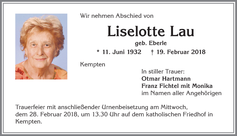 Traueranzeige von Liselotte Lau von Allgäuer Zeitung,Kempten