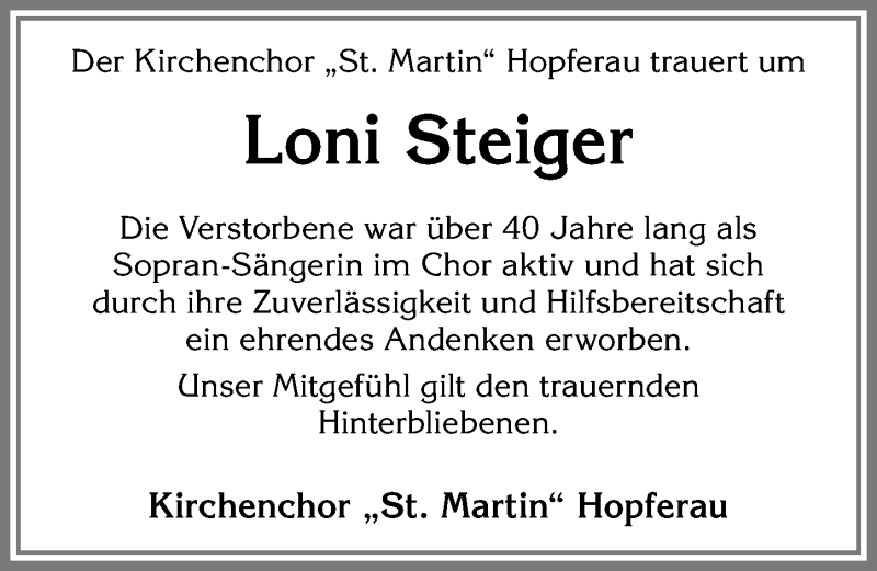 Traueranzeige von Loni Steiger von Allgäuer Zeitung, Füssen