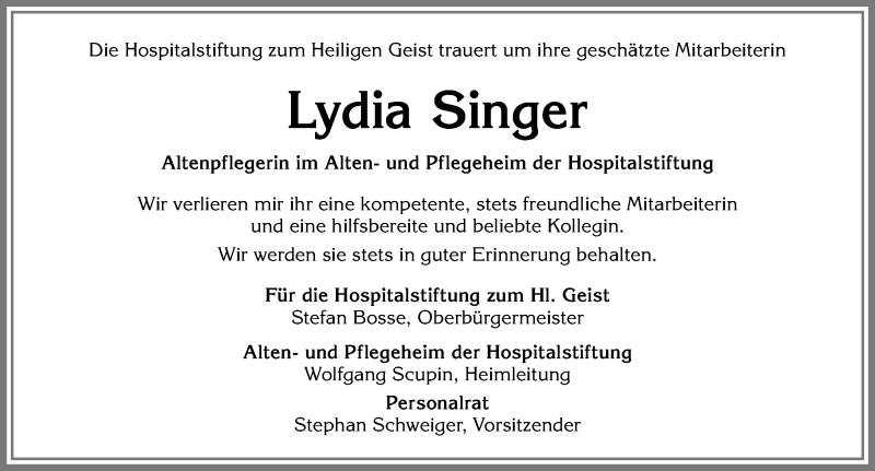 Traueranzeige von Lydia Singer von Allgäuer Zeitung, Kaufbeuren/Buchloe