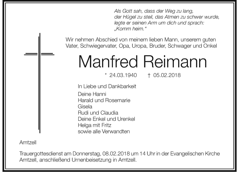 Traueranzeige von Manfred Reimann von Der Westallgäuer