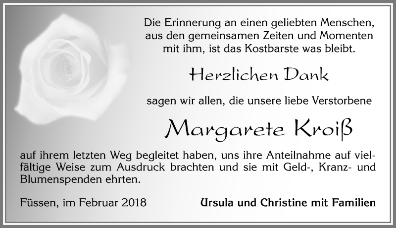 Traueranzeige von Margarete Kroiß von Allgäuer Zeitung, Füssen