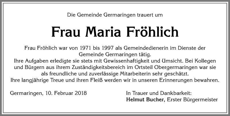 Traueranzeige von Maria Fröhlich von Allgäuer Zeitung, Kaufbeuren/Buchloe