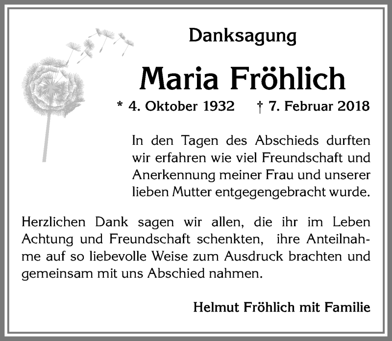 Traueranzeige von Maria Fröhlich von Allgäuer Zeitung, Kaufbeuren/Buchloe