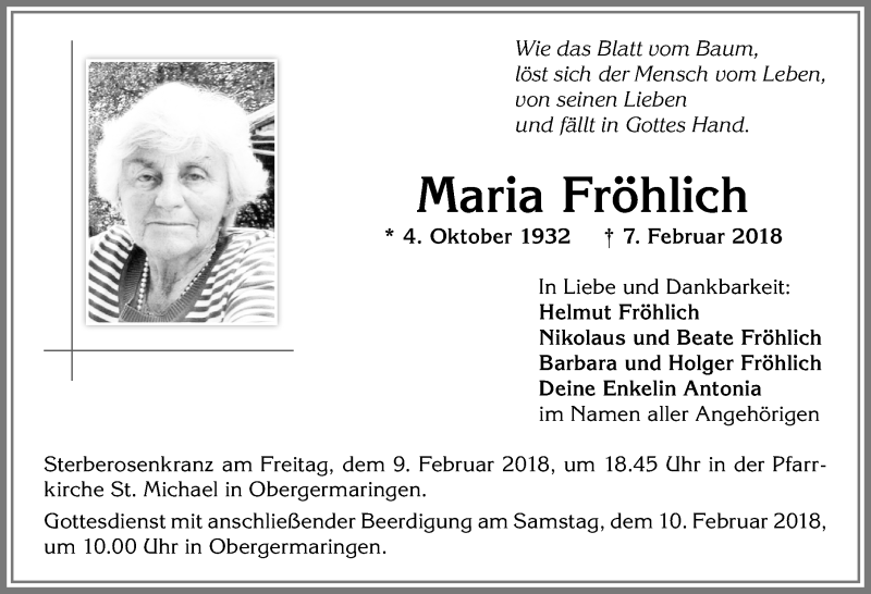 Traueranzeige von Maria Fröhlich von Allgäuer Zeitung, Kaufbeuren/Buchloe