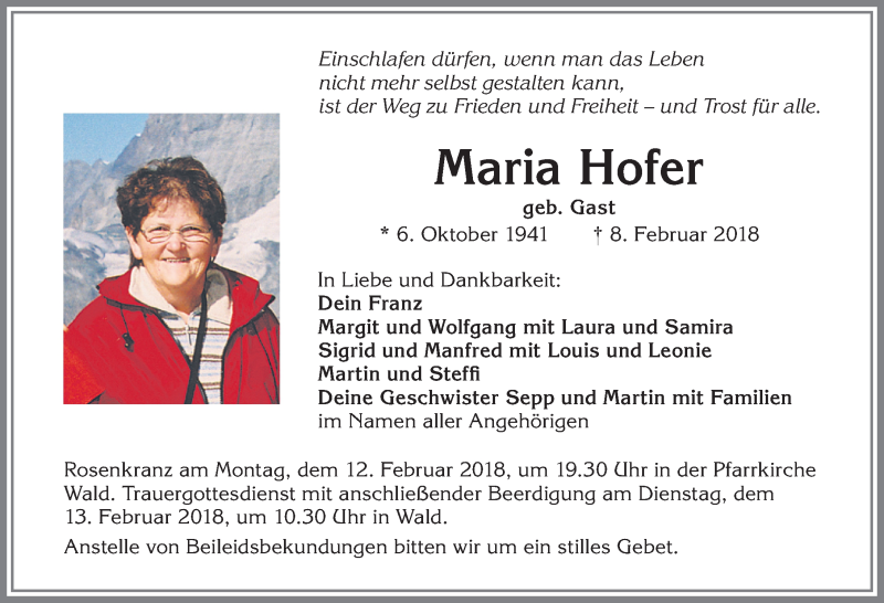 Traueranzeige von Maria Hofer von Allgäuer Zeitung, Marktoberdorf