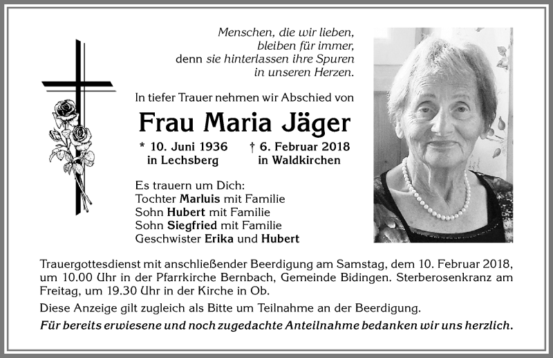 Traueranzeige von Maria Jäger von Allgäuer Zeitung, Marktoberdorf