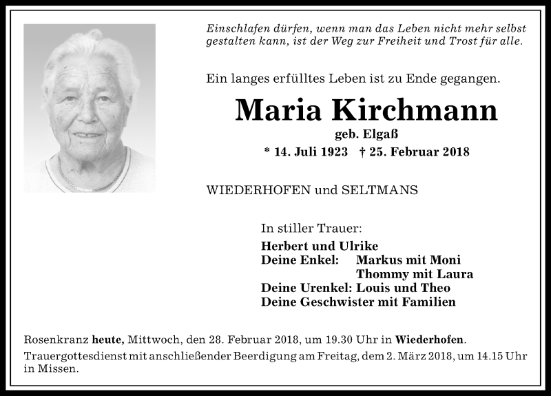 Traueranzeige von Maria Kirchmann von Allgäuer Anzeigeblatt