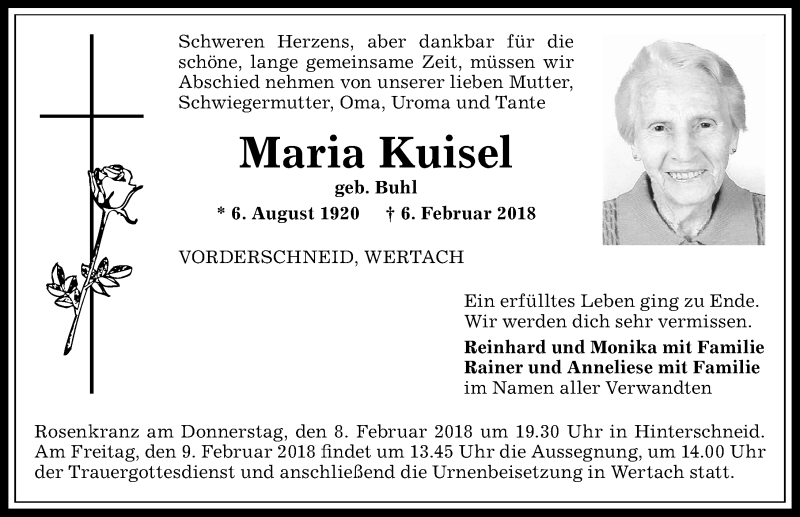 Traueranzeige von Maria Kuisel von Allgäuer Anzeigeblatt