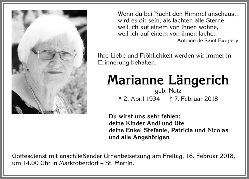 Traueranzeige von Marianne Längerich von Allgäuer Zeitung, Marktoberdorf