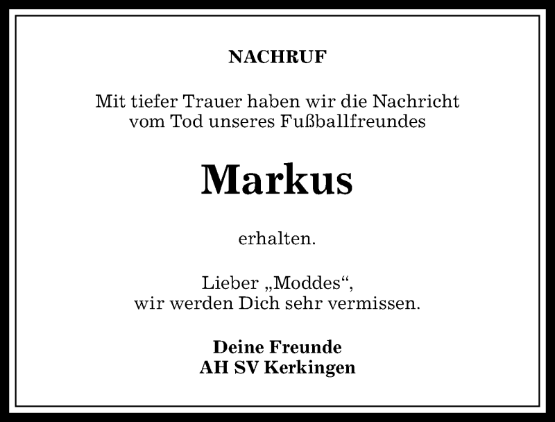 Traueranzeige von Markus  von Allgäuer Anzeigeblatt