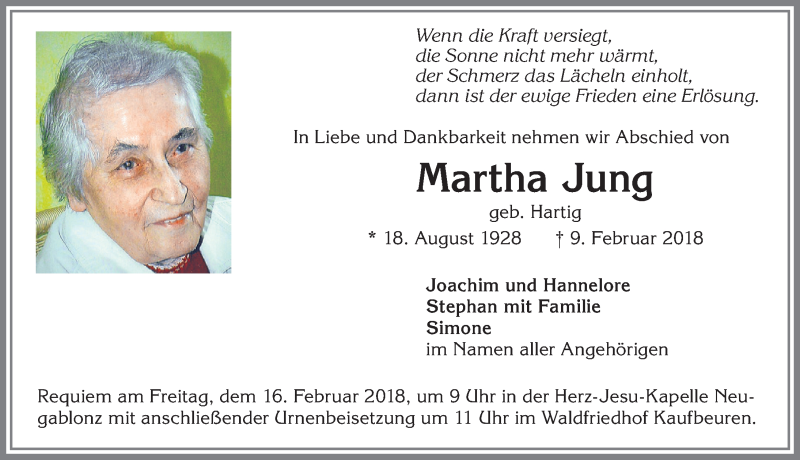 Traueranzeige von Martha Jung von Allgäuer Zeitung, Kaufbeuren/Buchloe