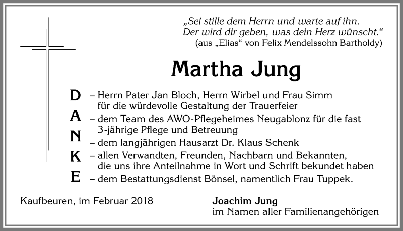 Traueranzeige von Martha Jung von Allgäuer Zeitung, Kaufbeuren/Buchloe