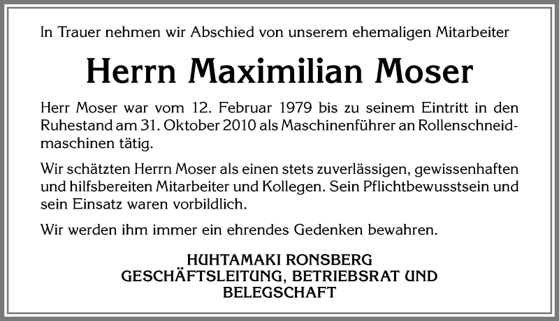 Traueranzeige von Maximilian Moser von Allgäuer Zeitung, Marktoberdorf