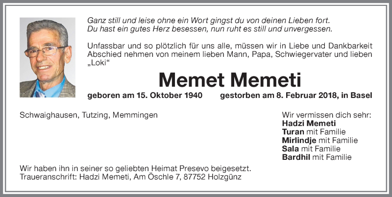 Traueranzeige von Memet Memeti von Memminger Zeitung