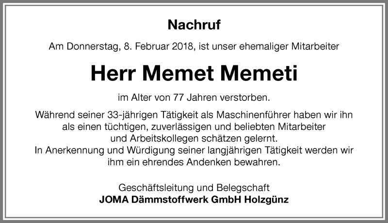 Traueranzeige von Memet Memeti von Memminger Zeitung