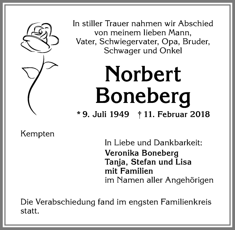 Traueranzeige von Norbert Boneberg von Allgäuer Zeitung,Kempten