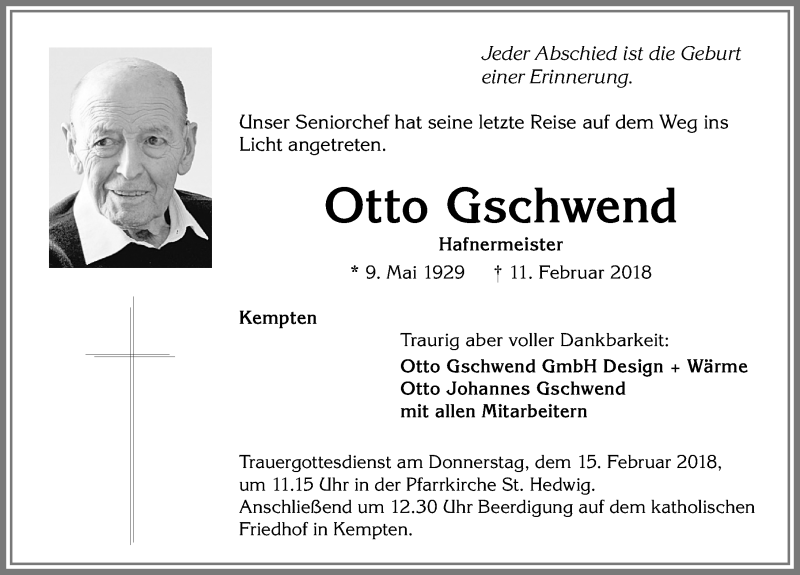 Traueranzeige von Otto Gschwend von Allgäuer Zeitung,Kempten