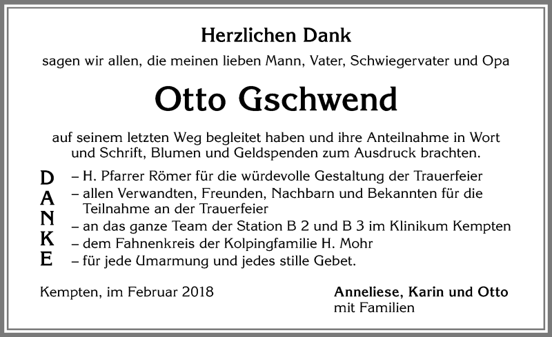 Traueranzeige von Otto Gschwend von Allgäuer Zeitung,Kempten