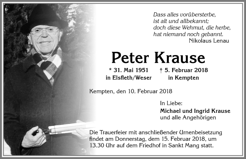 Traueranzeige von Peter Krause von Allgäuer Zeitung,Kempten