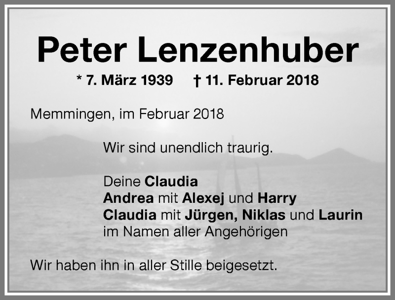 Traueranzeige von Peter Lenzenhuber von Memminger Zeitung