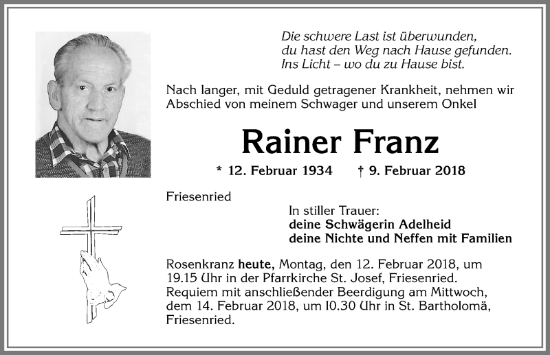 Traueranzeige von Rainer Franz von Allgäuer Zeitung, Kaufbeuren/Buchloe