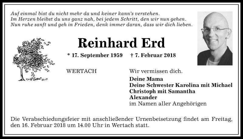 Traueranzeige von Reinhard Erd von Allgäuer Anzeigeblatt