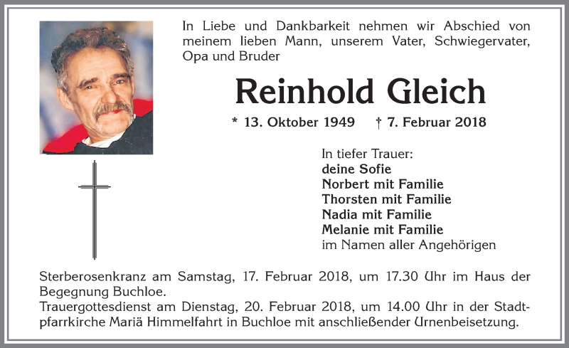 Traueranzeige von Reinhold Gleich von Allgäuer Zeitung, Kaufbeuren/Buchloe