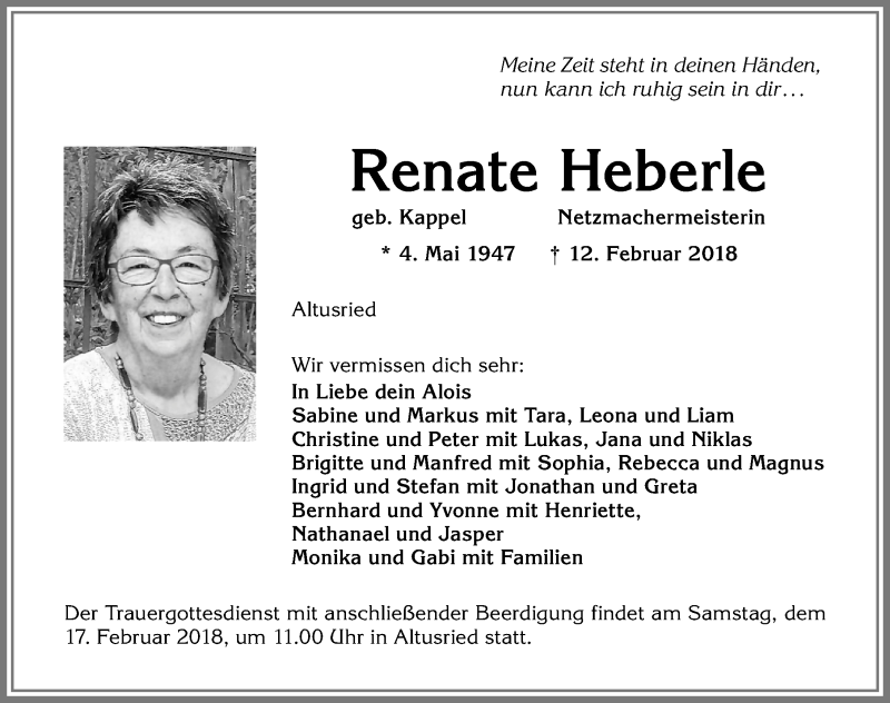 Traueranzeige von Renate Heberle von Allgäuer Zeitung,Kempten