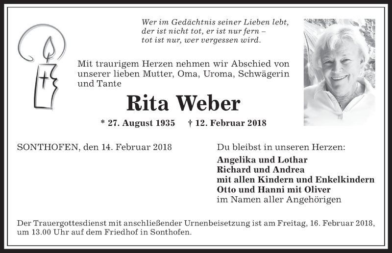 Traueranzeige von Rita Weber von Allgäuer Anzeigeblatt