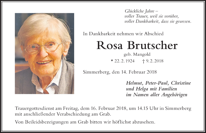 Traueranzeige von Rosa Brutscher von Der Westallgäuer