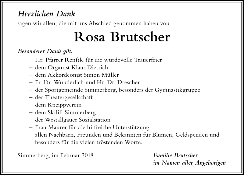 Traueranzeige von Rosa Brutscher von Der Westallgäuer