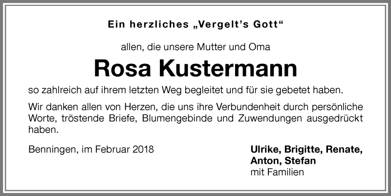 Traueranzeige von Rosa Kustermann von Memminger Zeitung