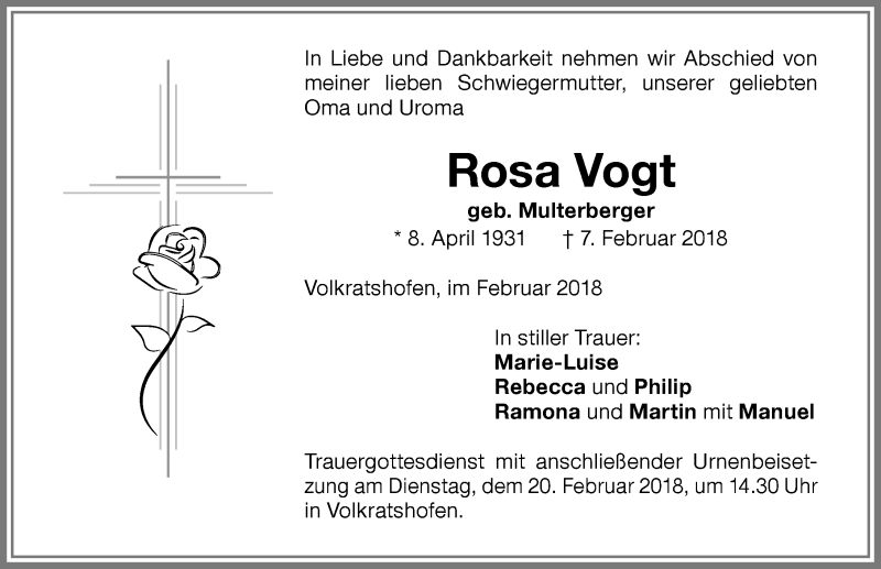 Traueranzeige von Rosa Vogt von Memminger Zeitung