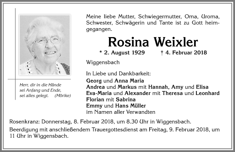 Traueranzeige von Rosina Weixler von Allgäuer Zeitung,Kempten